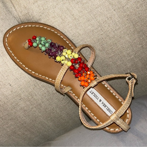 Chelsea & Violet Ella Rainbow Bead Embellished T-Strap Flat Sandals - Picture 2 of 2